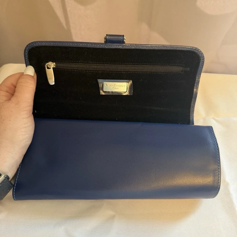 T.Anthony Italy Blue Leather Jewelry Roll Holder Case JLT Monogram $265 Travel